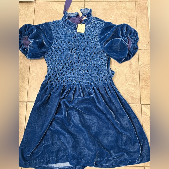 Free People Gum Drop Velvet Min Dress Blue Smocked XS? Read* whimsy goth boho - Picture 2 of 8